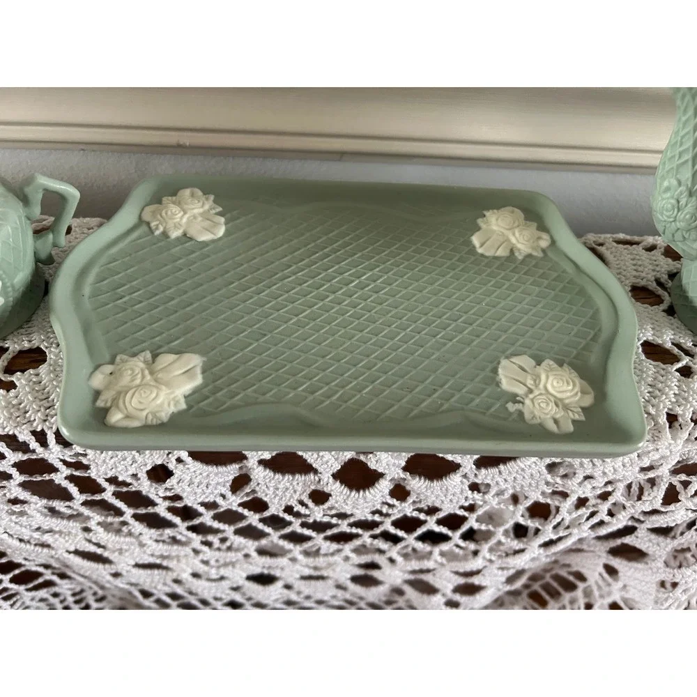 Miniature Sage Green Jasperware Style Tea Set Floral Bas-Relief 9pc Collection